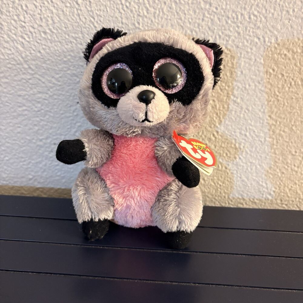 Ty Beanie Boos ROCCO Raccoon Pink Gray Medium Glitter Eyes